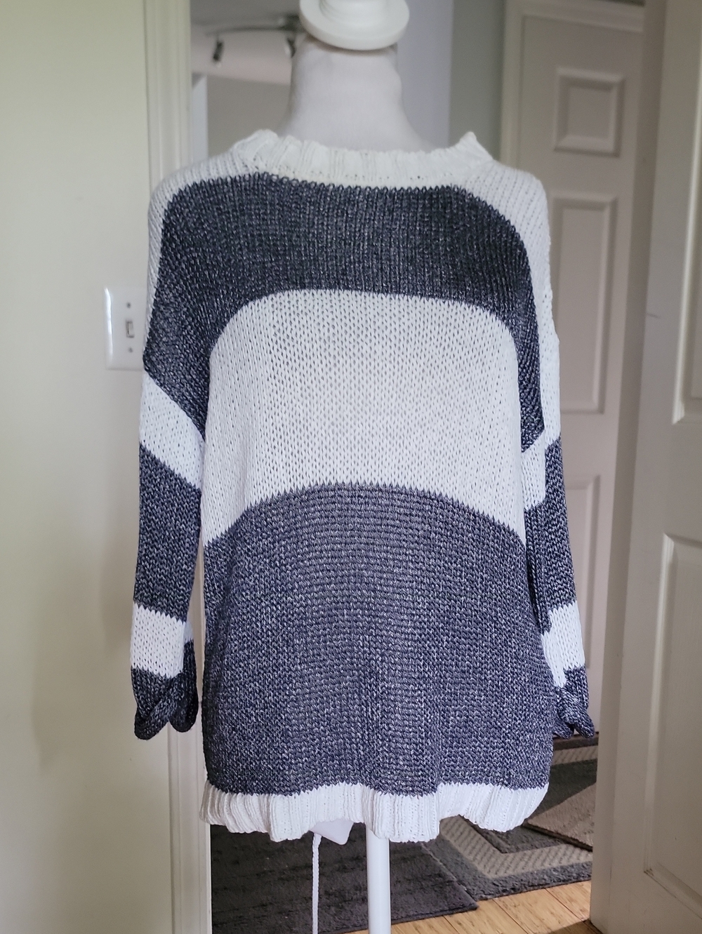 Les Copians Striped Crewneck Sweater - White & Charcoal With Sheen